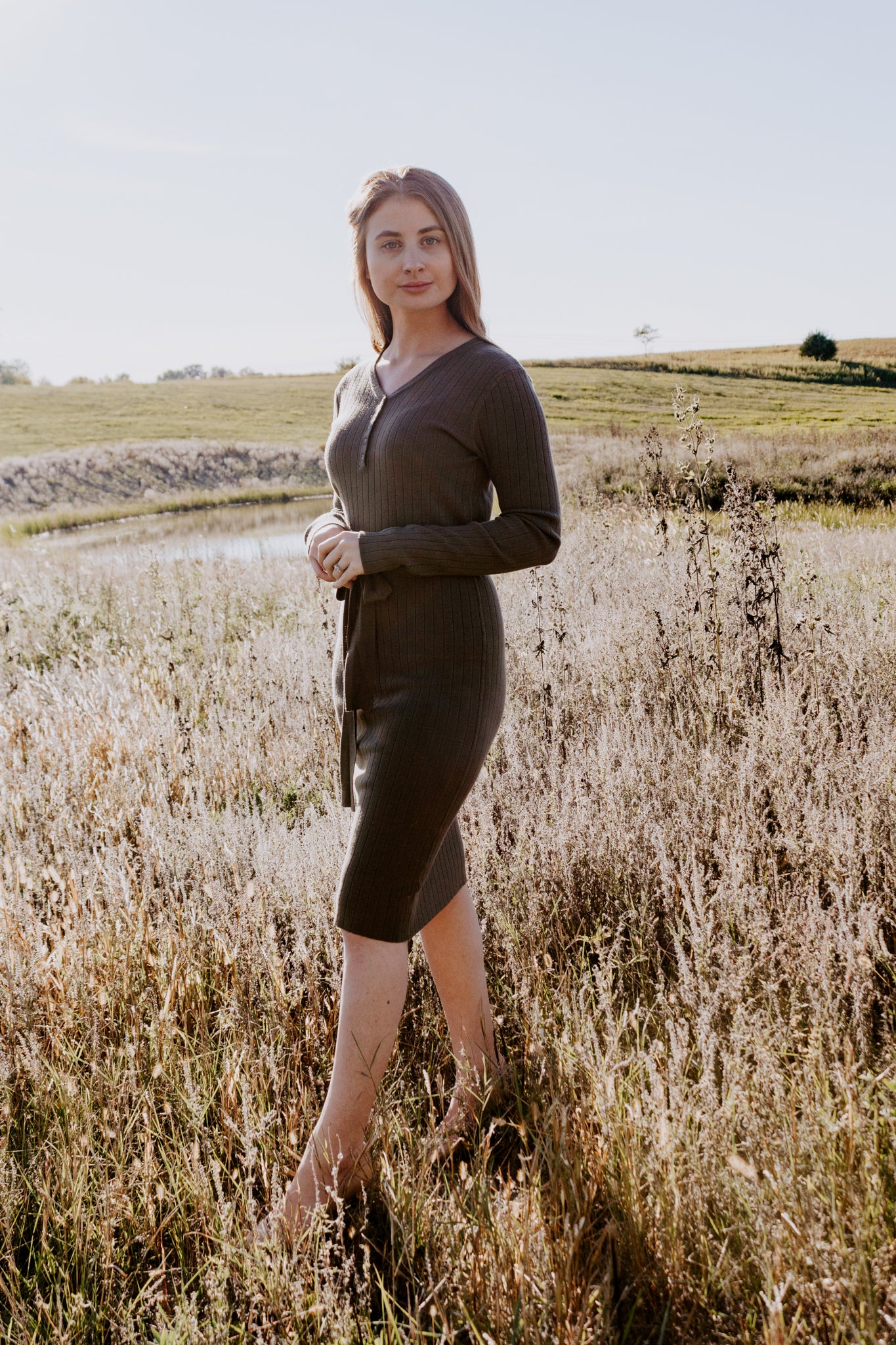 Beautiful Fitted Knit Sweater Dress Military Green with removable tie belt and buttons ribbed style