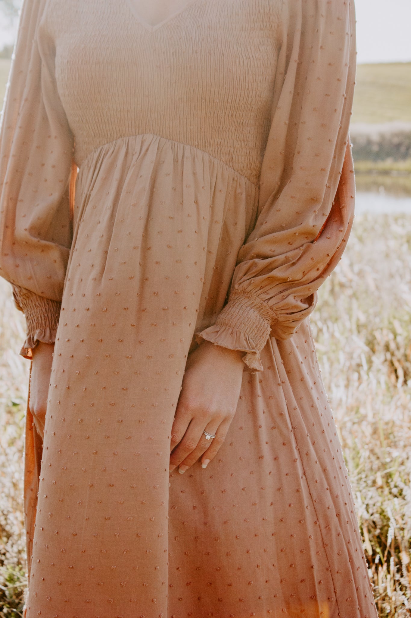 Beautiful Smocked Midi Dress in Toasted Nut v-neck and swiss dot design