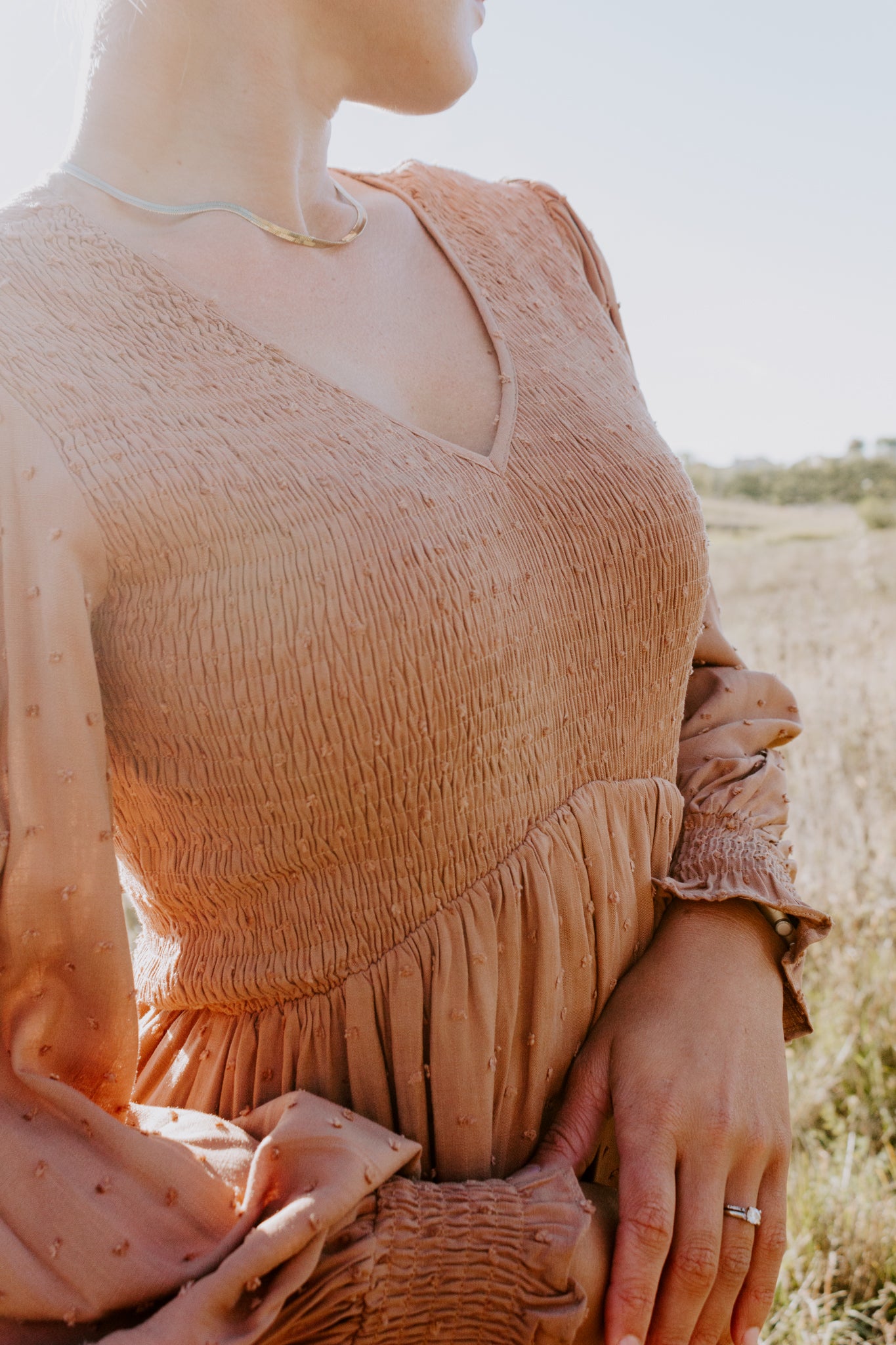 Beautiful Smocked Midi Dress in Toasted Nut v-neck and swiss dot design