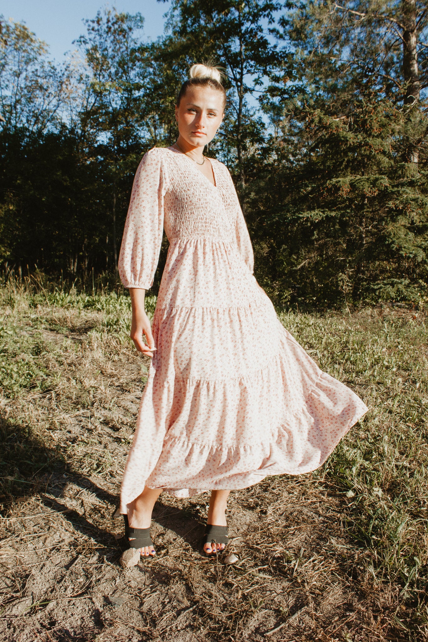 Beautiful Smocked Bodice Midi Dress in Dusty Pink floral with pockets and front snap closure button