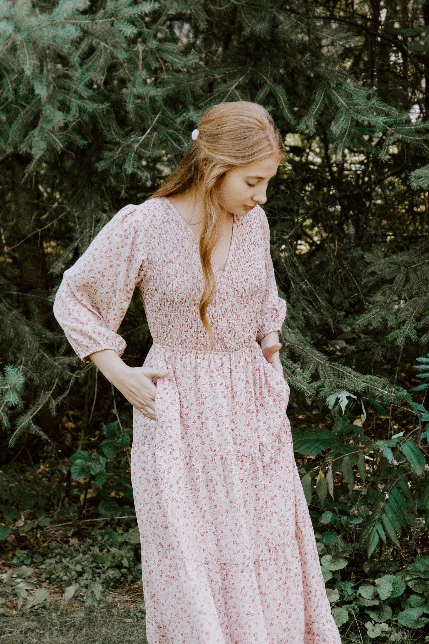 Beautiful Smocked Bodice Midi Dress in Dusty Pink floral with pockets and front snap closure button