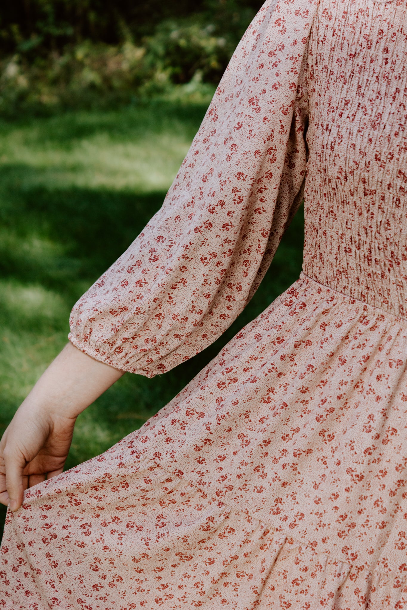 Beautiful Smocked Bodice Midi Dress in Dusty Pink floral with pockets and front snap closure button