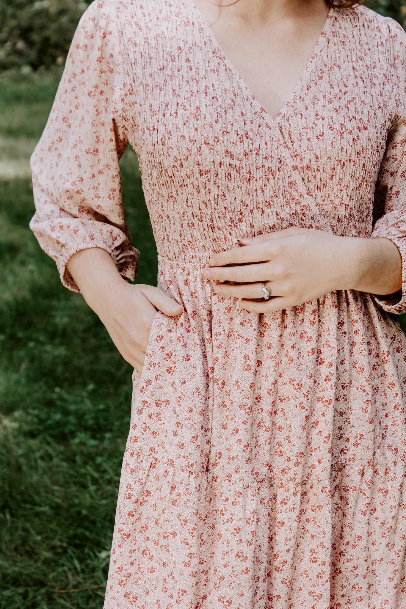Beautiful Smocked Bodice Midi Dress in Dusty Pink floral with pockets and front snap closure button