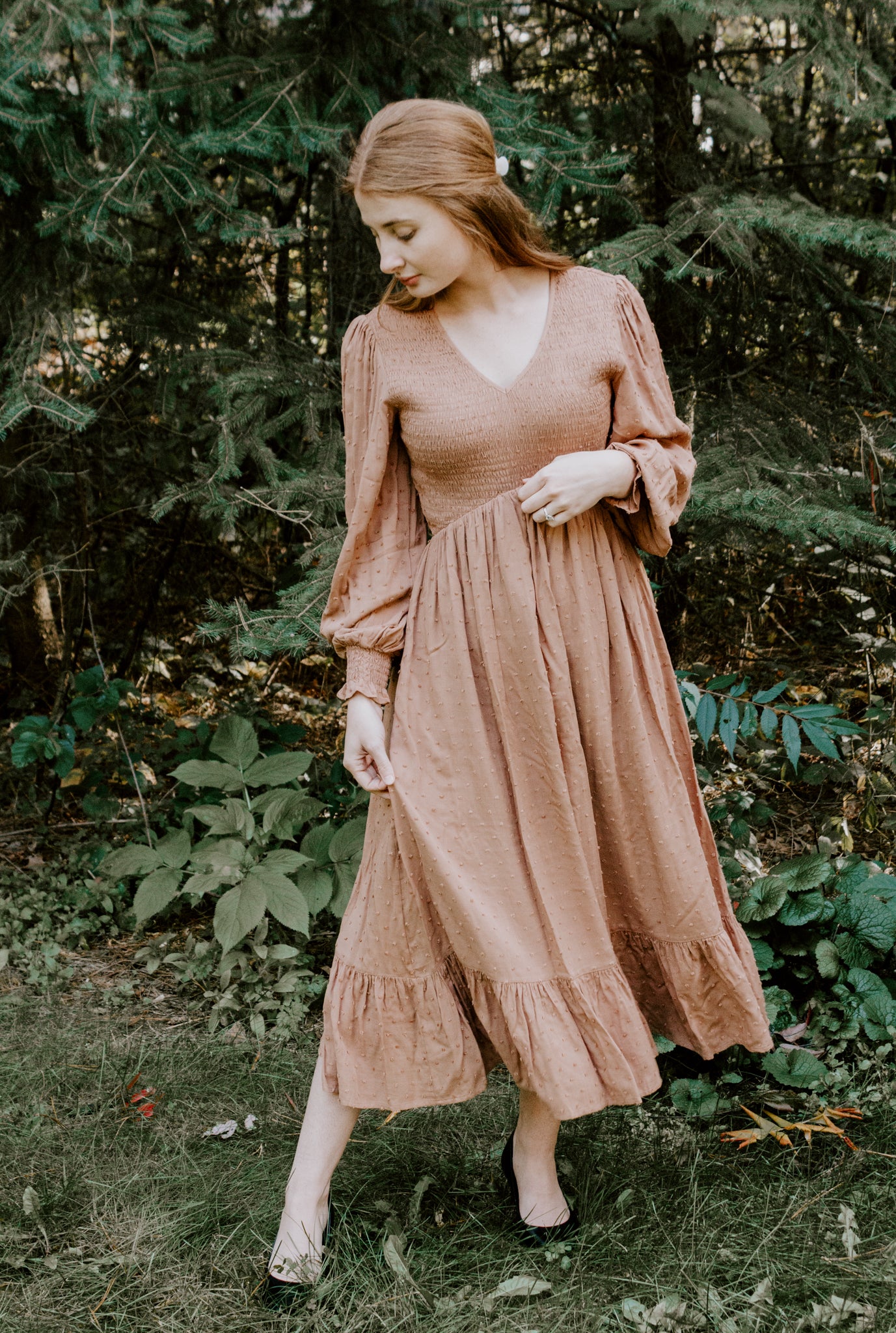 Beautiful Smocked Midi Dress in Toasted Nut v-neck and swiss dot design