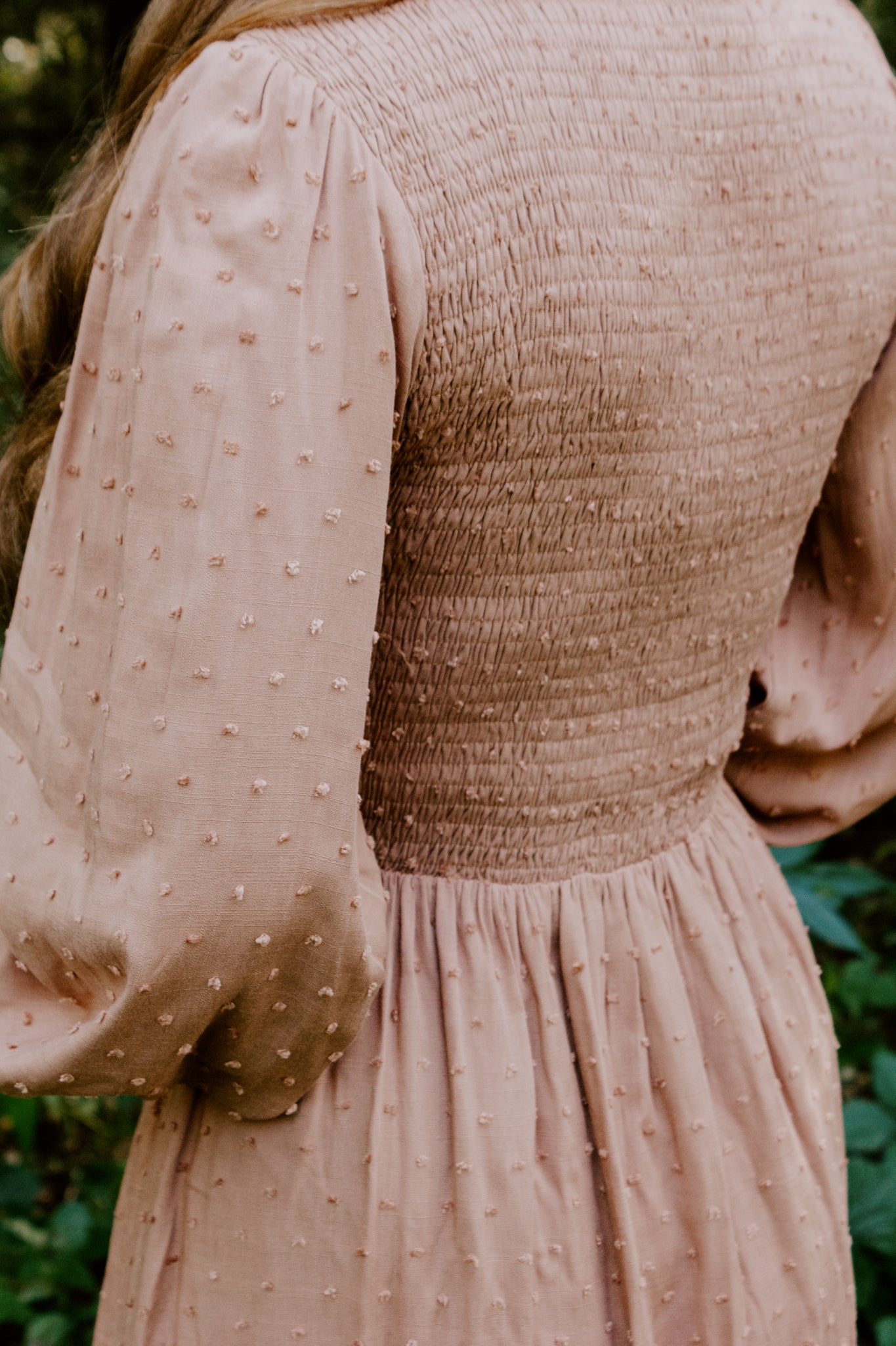 Beautiful Smocked Midi Dress in Toasted Nut v-neck and swiss dot design