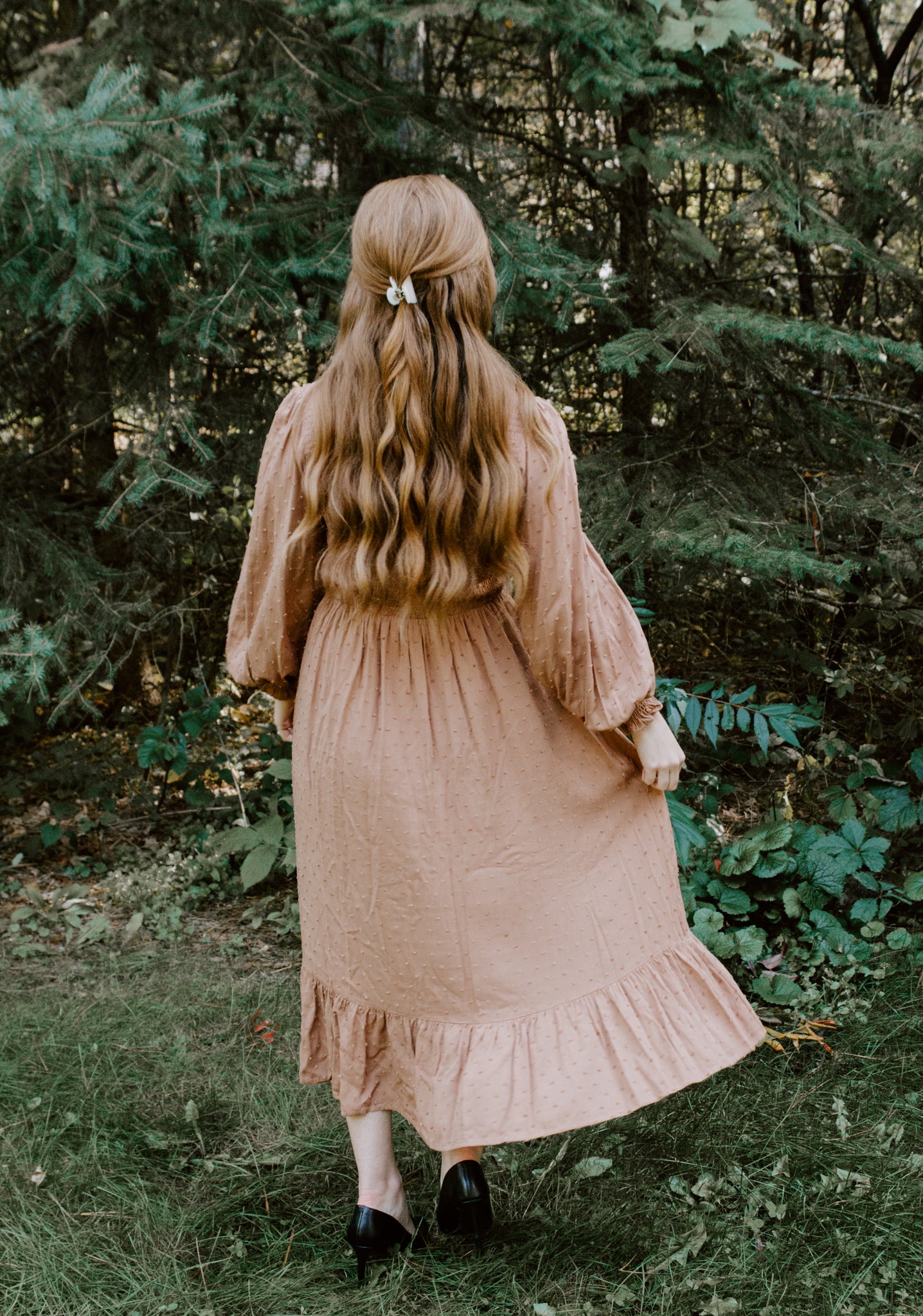 Beautiful Smocked Midi Dress in Toasted Nut v-neck and swiss dot design