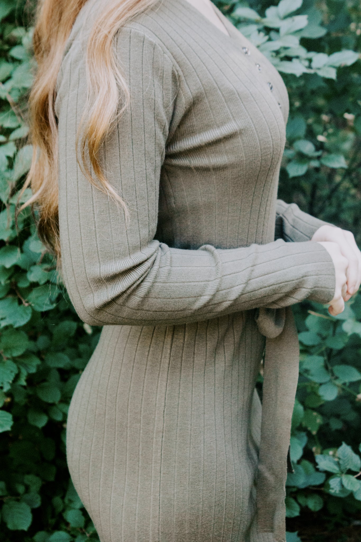 Beautiful Fitted Knit Sweater Dress Military Green with removable tie belt and buttons ribbed style