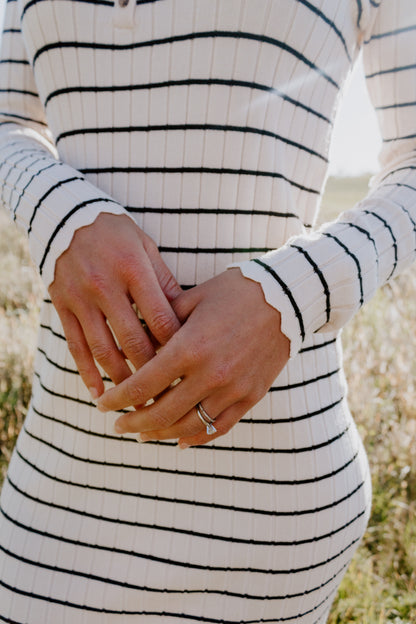 Beautiful Striped Sweater Dress in Oatmeal and black with buttons and ribbed design and sleeve detailing