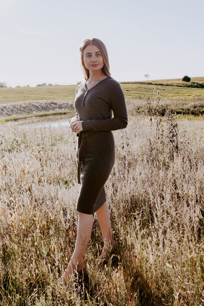 Beautiful Fitted Knit Sweater Dress Military Green with removable tie belt and buttons ribbed style