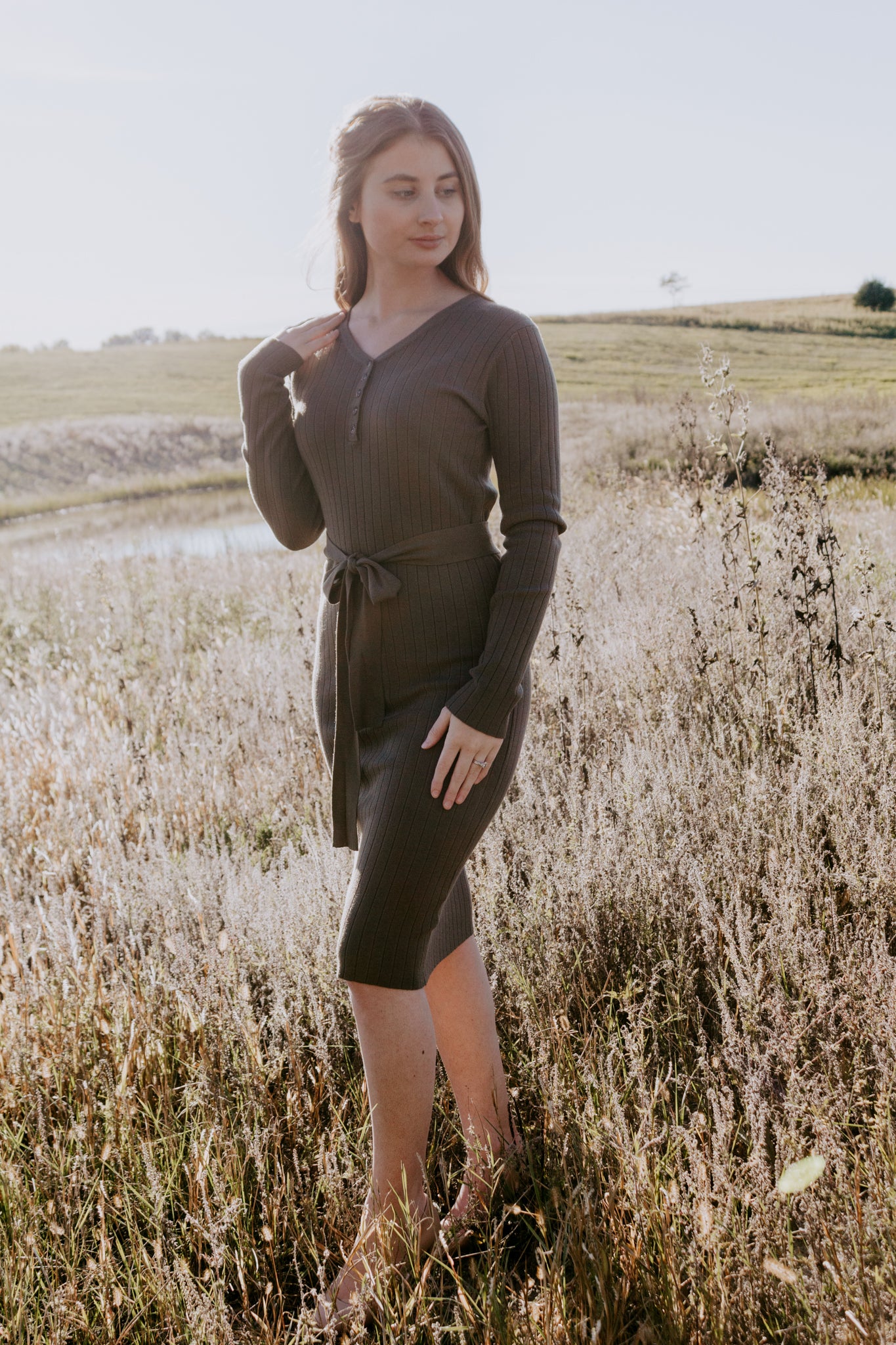 Beautiful Fitted Knit Sweater Dress Military Green with removable tie belt and buttons ribbed style