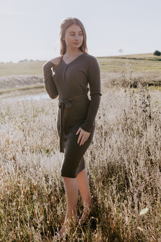 Beautiful Fitted Knit Sweater Dress Military Green with removable tie belt and buttons ribbed style