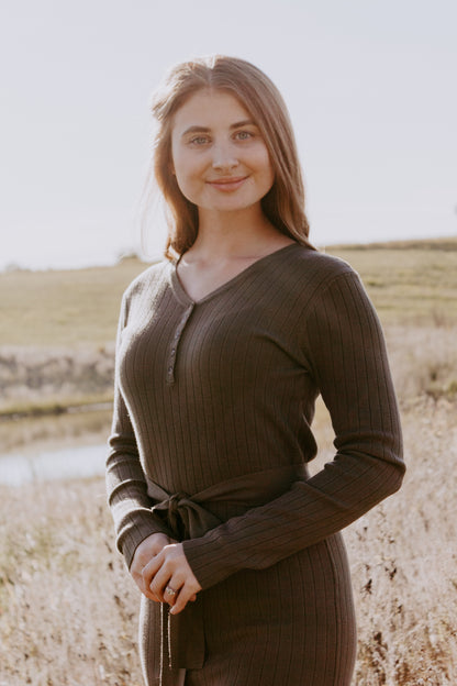 Beautiful Fitted Knit Sweater Dress Military Green with removable tie belt and buttons ribbed style