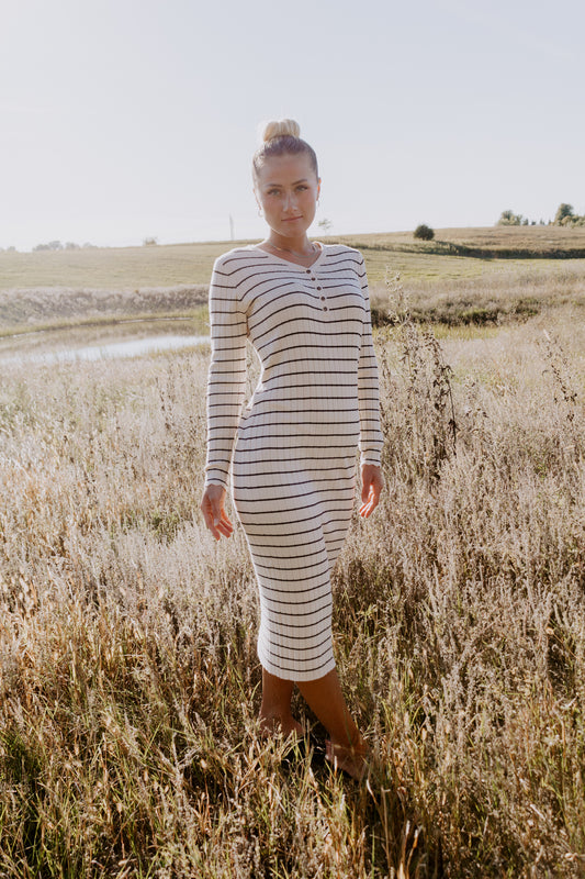Beautiful Striped Sweater Dress in Oatmeal and black with buttons and ribbed design and sleeve detailing