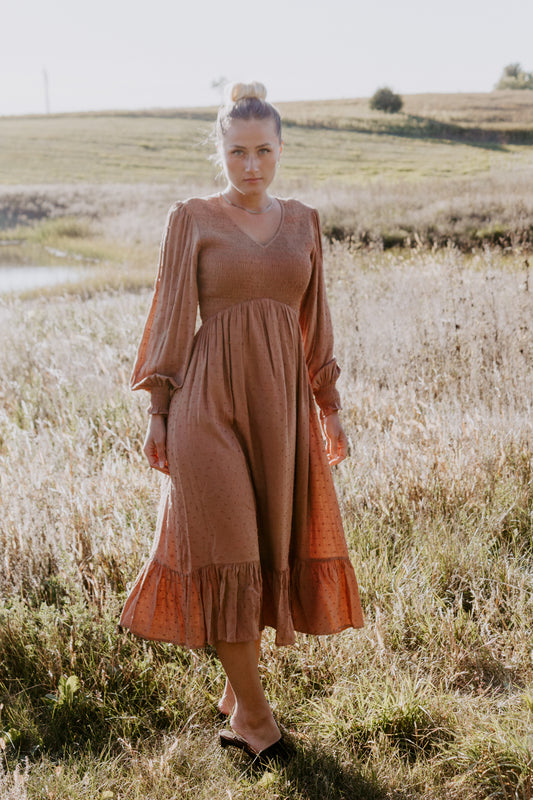 Beautiful Smocked Midi Dress in Toasted Nut v-neck and swiss dot design