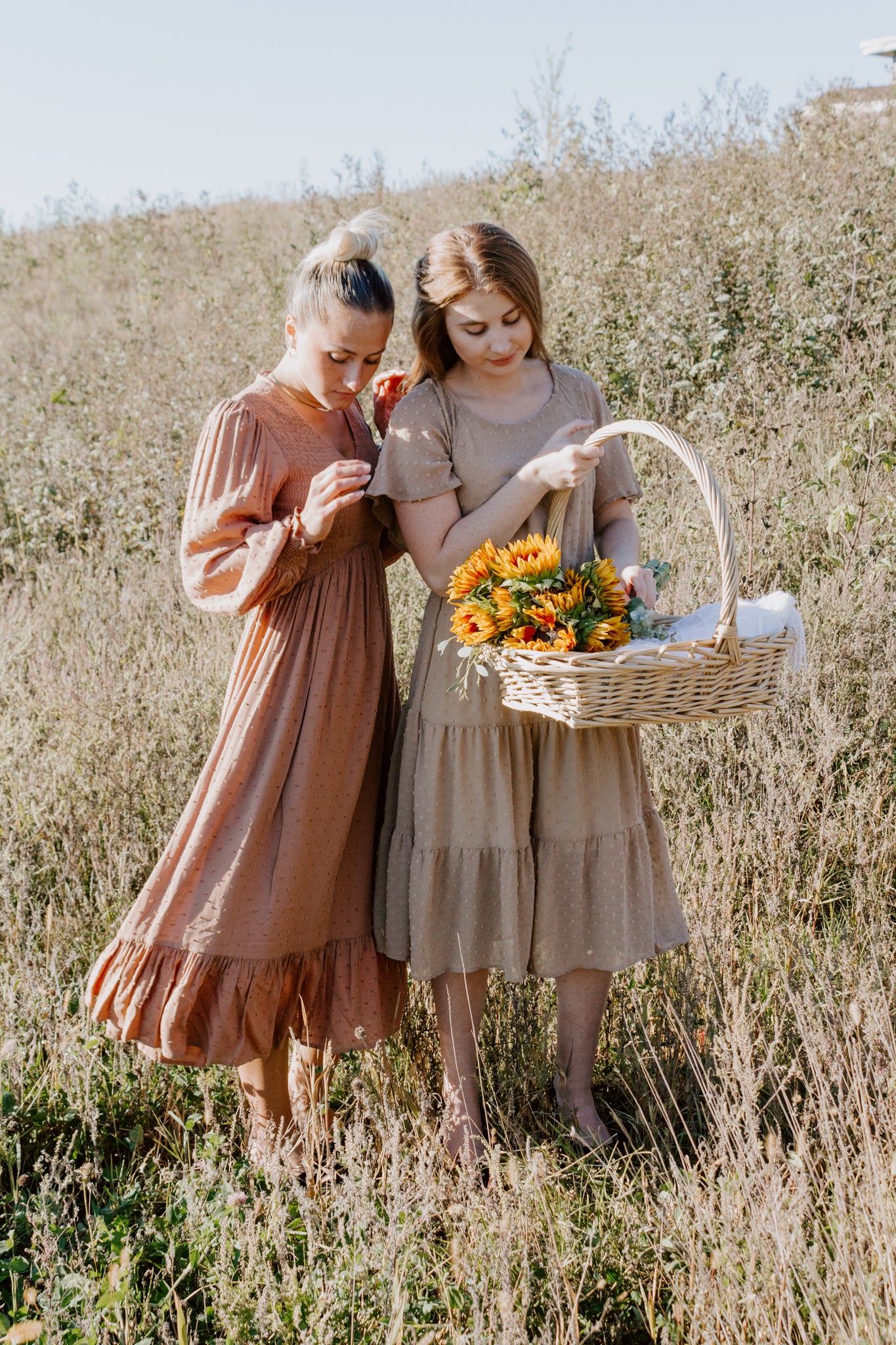 Beautiful Smocked Midi Dress in Toasted Nut v-neck and swiss dot design