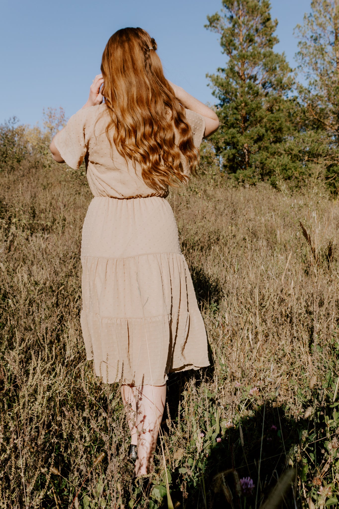 Beautiful midi swiss dot dress in vintage stone short sleeve with gold back closure button