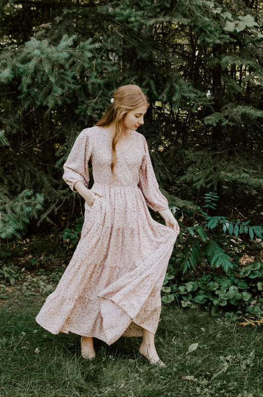 Beautiful Smocked Bodice Midi Dress in Dusty Pink floral with pockets and front snap closure button