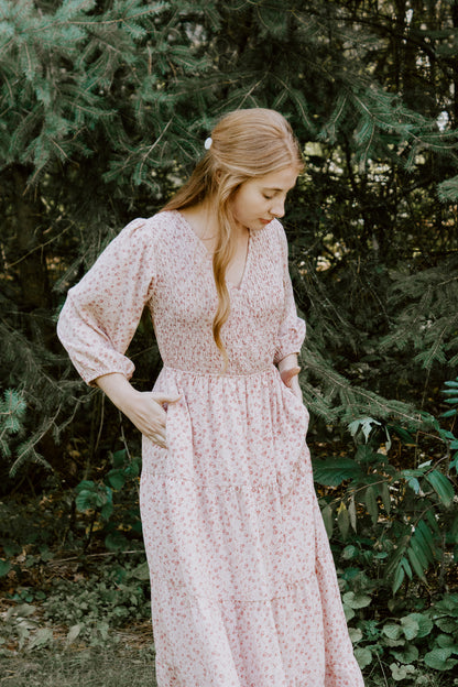 Beautiful Smocked Bodice Midi Dress in Dusty Pink floral with pockets and front snap closure button