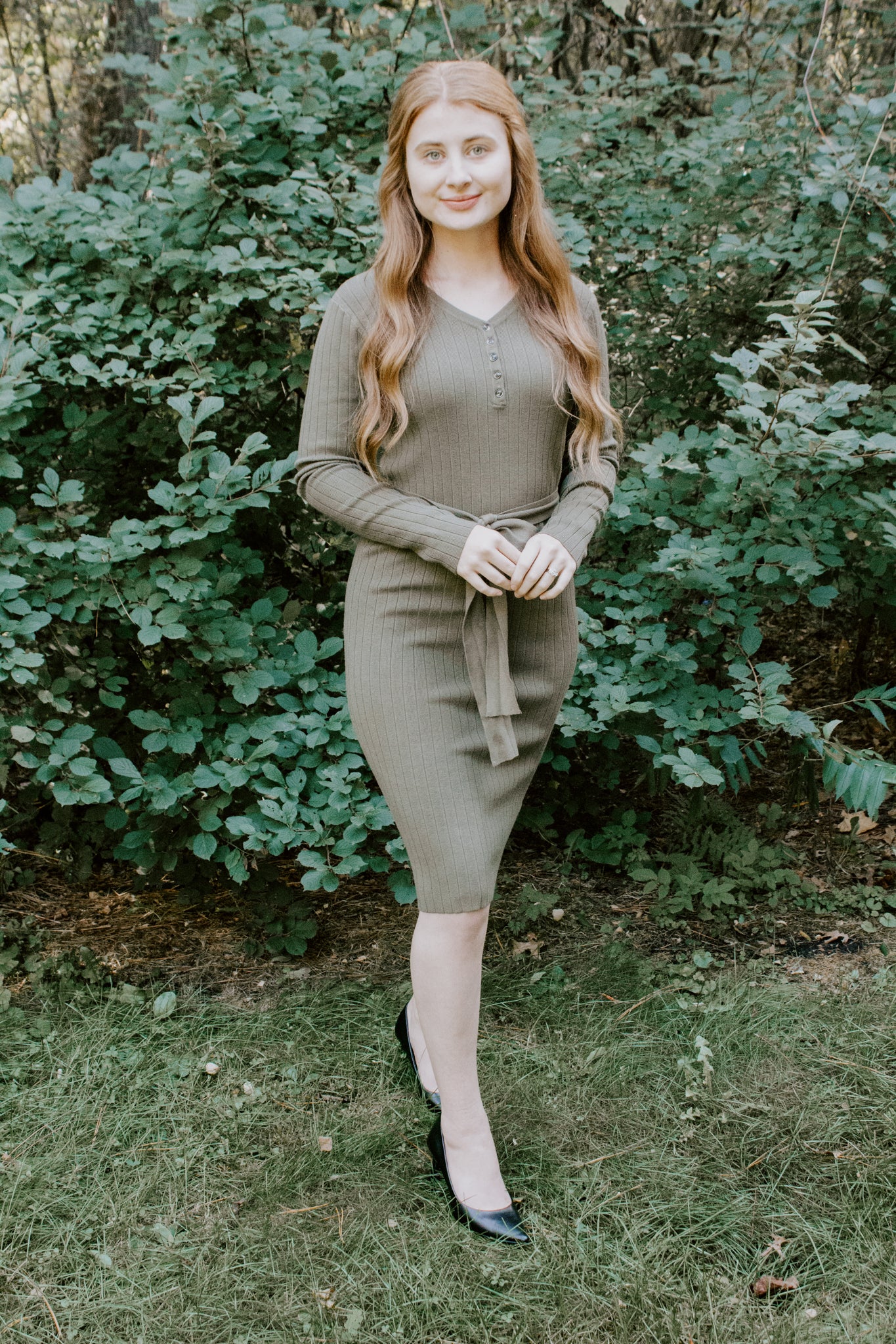 Beautiful Fitted Knit Sweater Dress Military Green with removable tie belt and buttons ribbed style