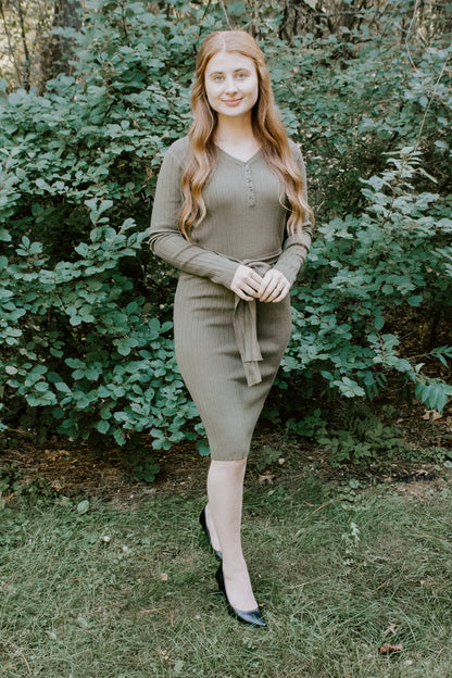 Beautiful Fitted Knit Sweater Dress Military Green with removable tie belt and buttons ribbed style