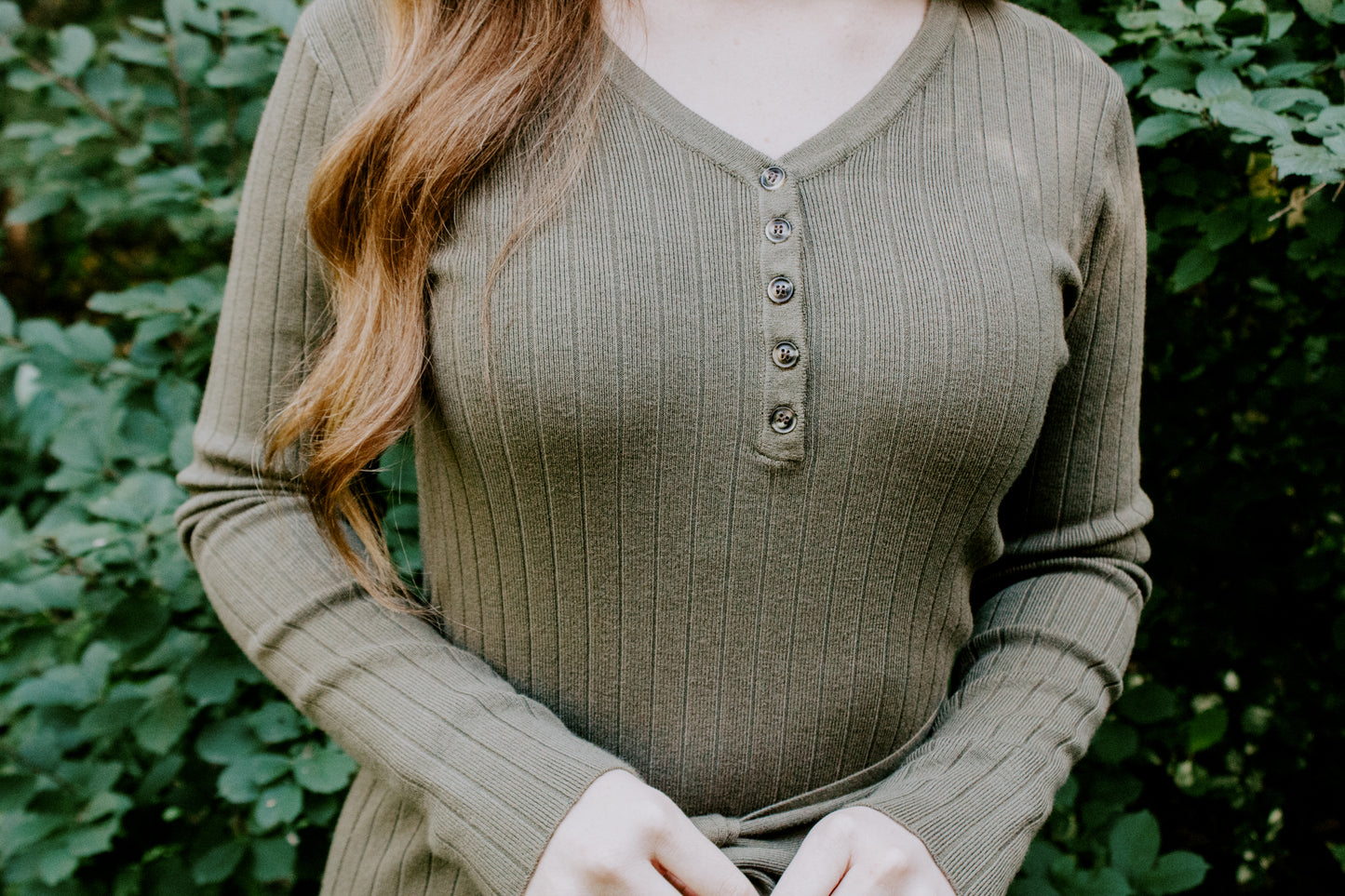 Beautiful Fitted Knit Sweater Dress Military Green with removable tie belt and buttons ribbed style