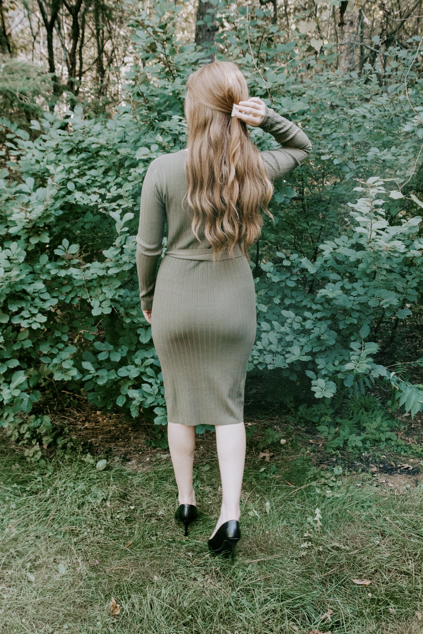 Beautiful Fitted Knit Sweater Dress Military Green with removable tie belt and buttons ribbed style