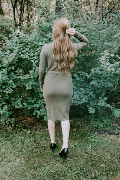 Beautiful Fitted Knit Sweater Dress Military Green with removable tie belt and buttons ribbed style